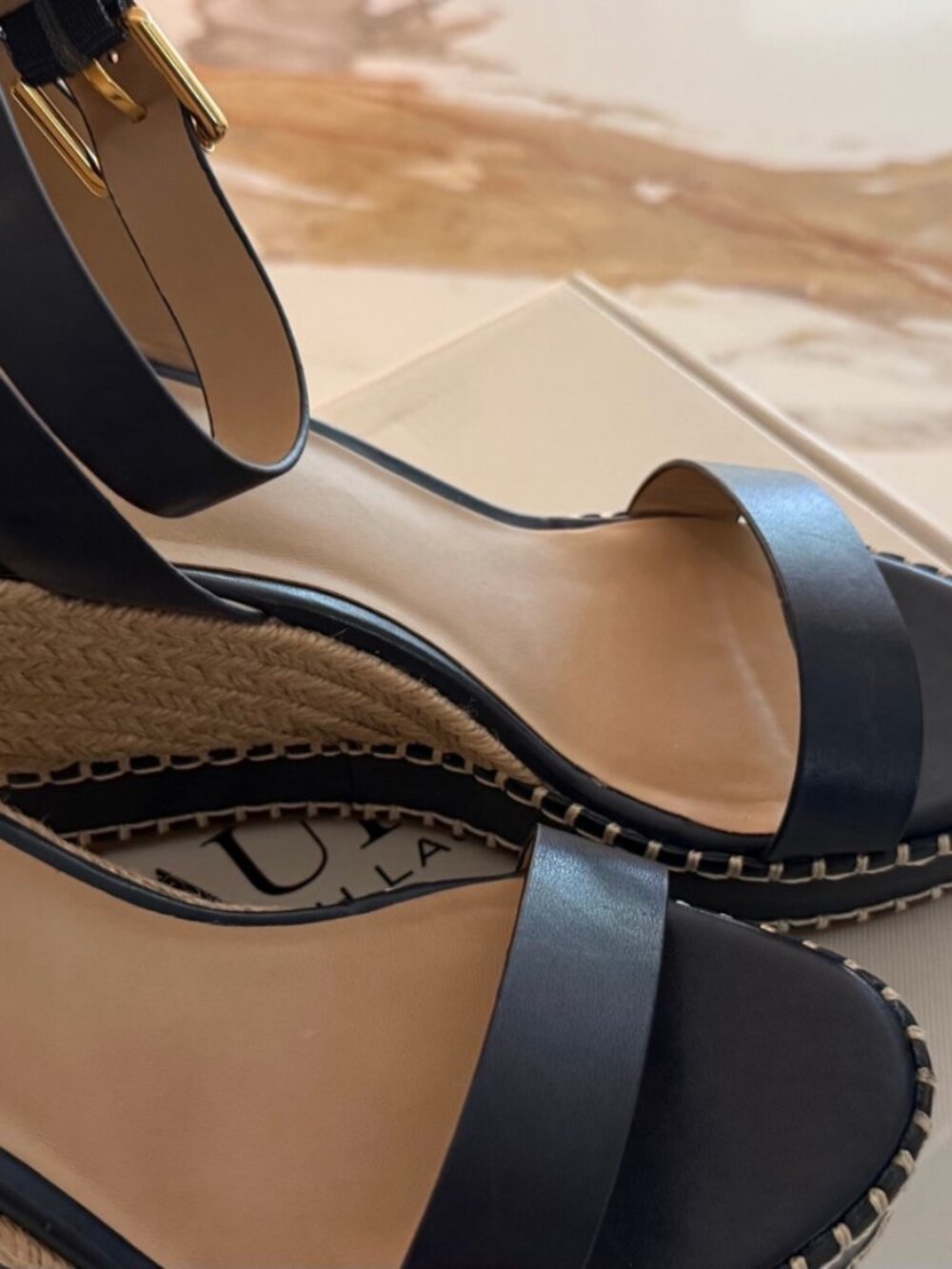 Lauren Ralph Lauren Black Leather Espadrille Wedge Sandals Size 8 NIB